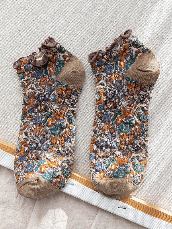 Ethnic Floral Ruffle Cotton Socks Retro Daily Accessories