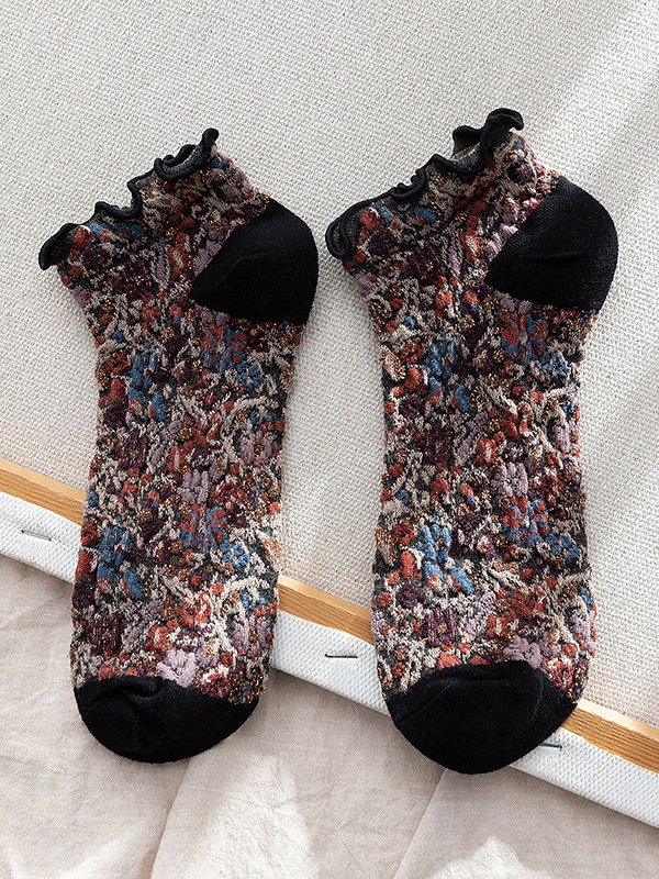 Ethnic Floral Ruffle Cotton Socks Retro Daily Accessories