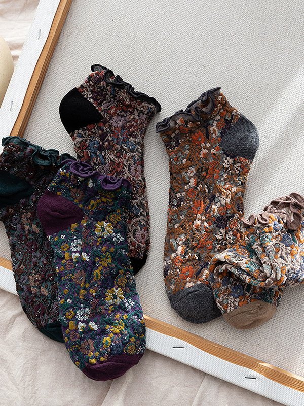 Ethnic Floral Ruffle Cotton Socks Retro Daily Accessories