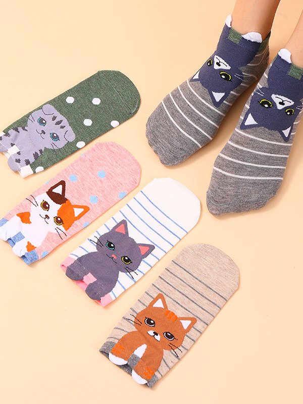 Daily Casual Cat Pattern Striped Cotton Socks Fun Cartoon Accessories
