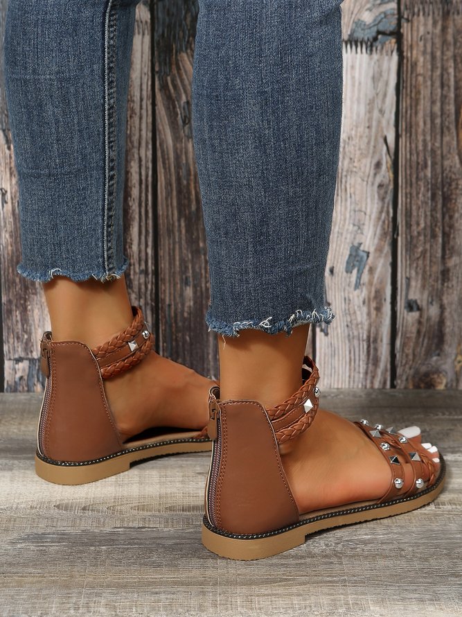 Studded Decor Criss Cross Back Zip Ankle Strap Sandals