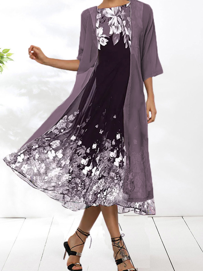 JFN Round Neck 2PCS Floral  Vacation Casual Midi Dress