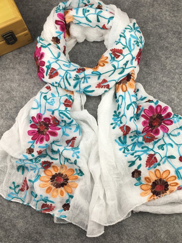 Ethnic Vintage Floral Pattern Linen Scarf Neck Bohemian Casual Accessories