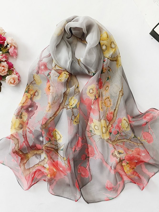 Boho Style Silk Floral Plum Blossom Scarf Neck Beach Vacation Accessories