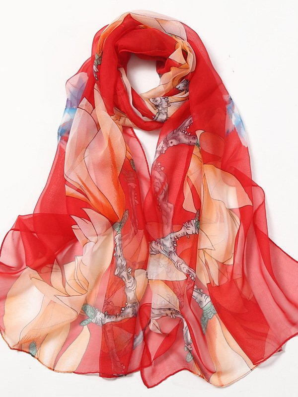 Casual Vintage Floral Silk Scarf Boho Beach Vacation Accessories