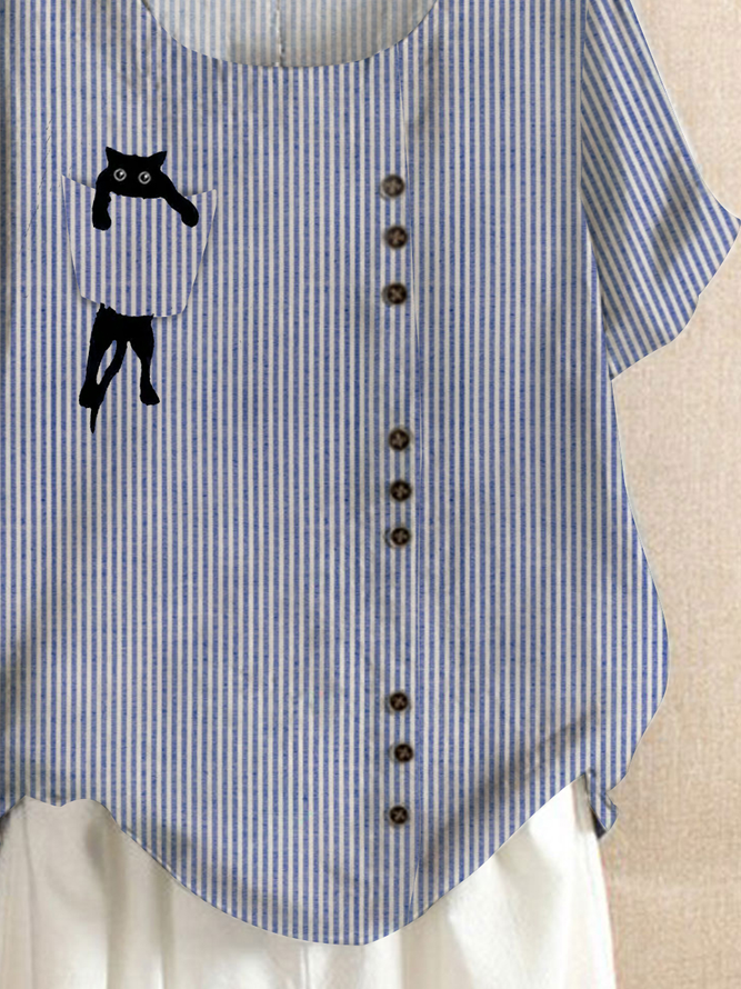 Cat Animal Casual Striped Crew Neck Regular Fit T-Shirt