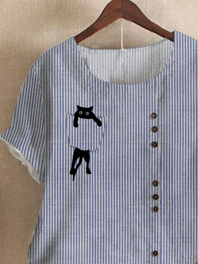 Cat Animal Casual Striped Crew Neck Regular Fit T-Shirt