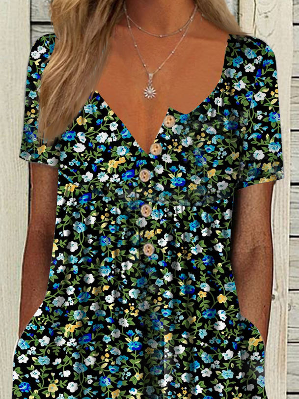 Half Open Collar Loose Casual Dress