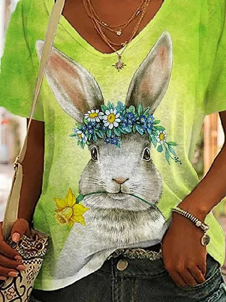 V Neck Easter Rabbit Casual Loose T-Shirt