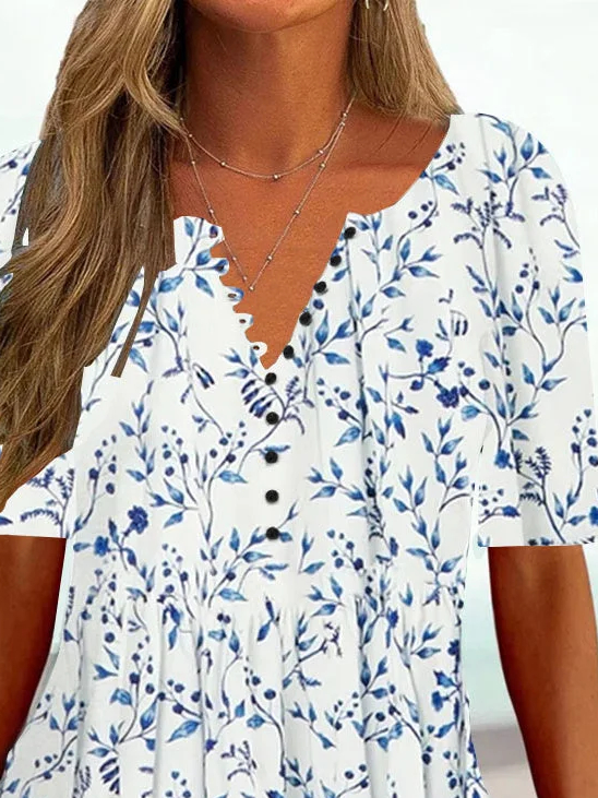 Women's Summer Tunics V Neck Regular Fit Casual Floral Shirt
