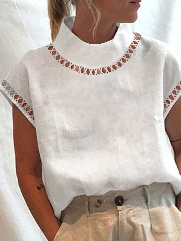 Women's Plain Hollow Out Tops Casual Turtleneck Linen Breathable T-Shirt