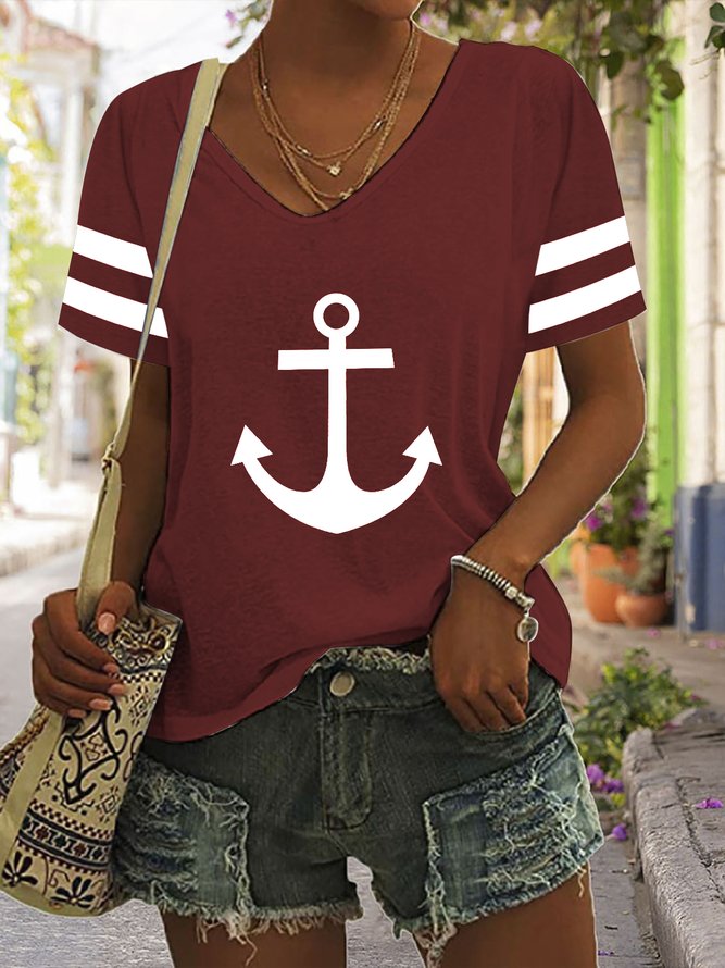 Women Sea Casual V Neck Anchor T-Shirt