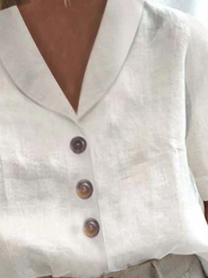 Loose Shawl Collar Buttoned Linen Short Sleeve Blouse