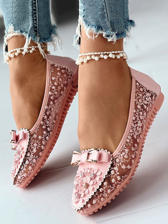 Elegant Applique Bowknot Decor Wedding Bridal Shoes Lace Split Joint Ballet Flats