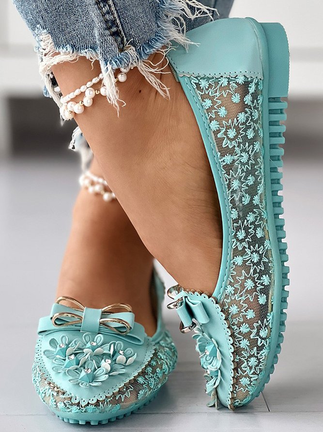 Elegant Applique Bowknot Decor Wedding Bridal Shoes Lace Split Joint Ballet Flats