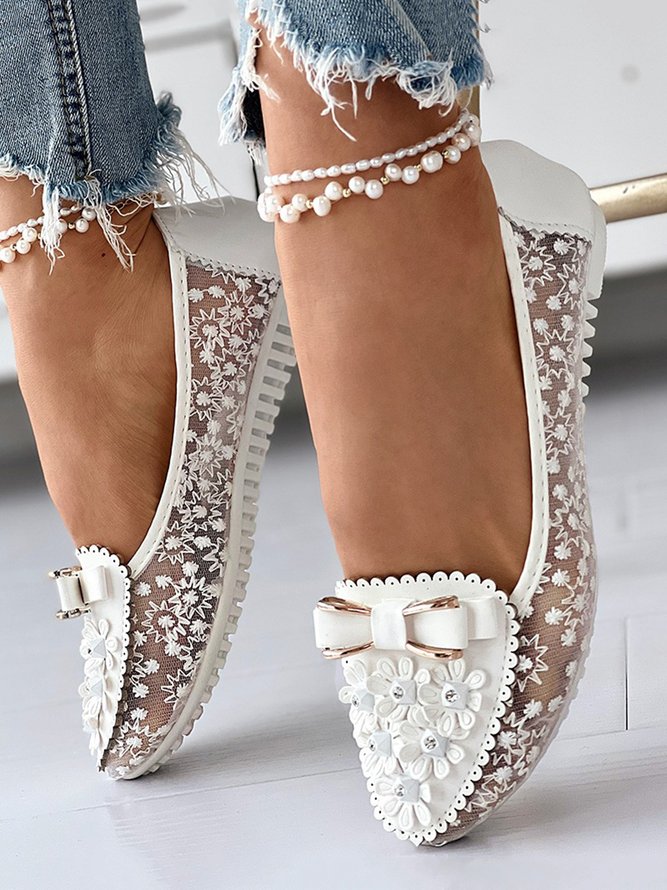 Elegant Applique Bowknot Decor Wedding Bridal Shoes Lace Split Joint Ballet Flats