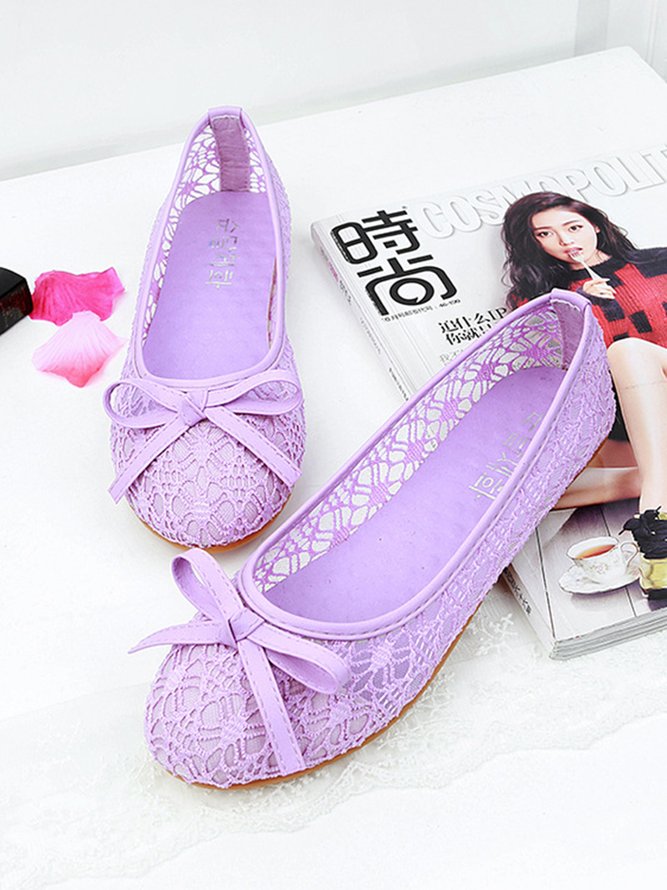 Elegant Hollow Out Lace Ballet Flats Bowknot Front Round Toe Shoes