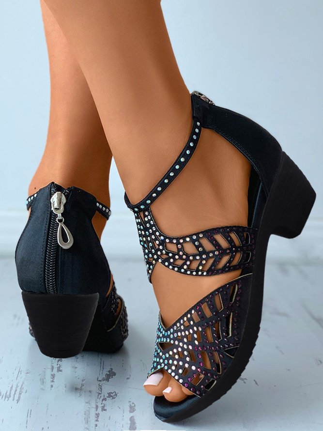 Black Ornate Rhinestone Hollow Upper Chunky Heel Sandals