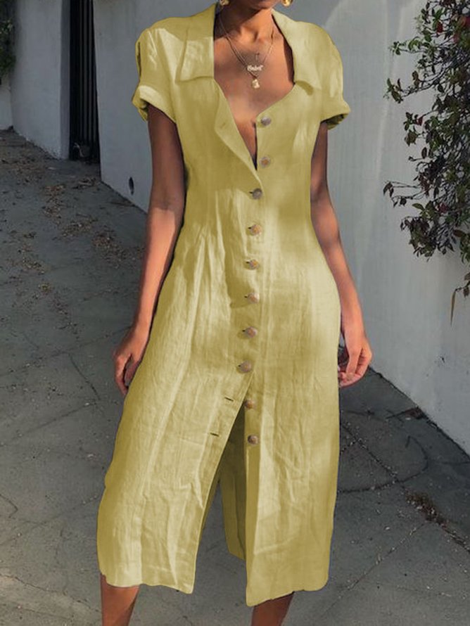 JFN Linen Summer Buttoned Solid Maxi Shirt Dress