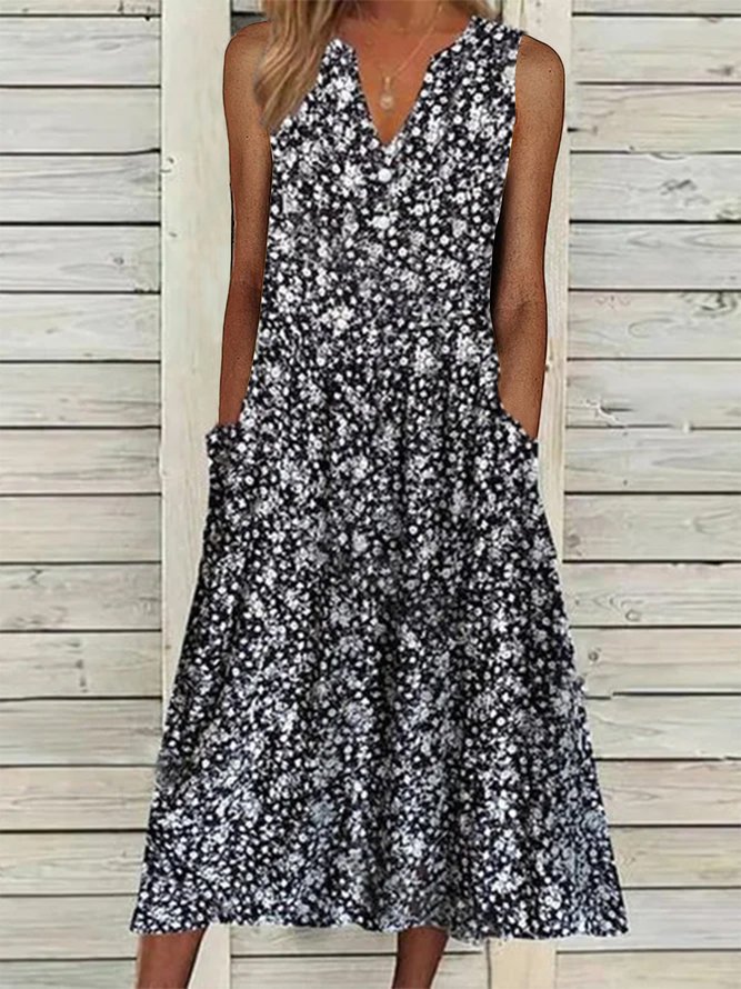 Loose Casual Floral V Neck Dress