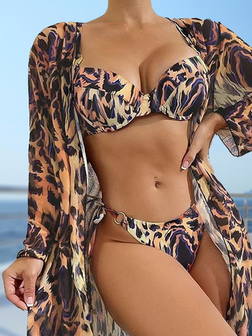 Sexy Animal Printing Notched Bikini With Cover Up