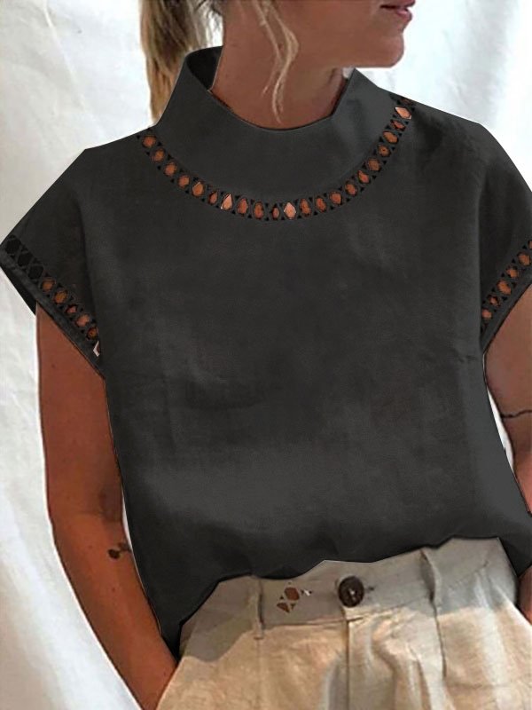 Women's Plain Hollow Out Tops Casual Turtleneck Linen Breathable T-Shirt