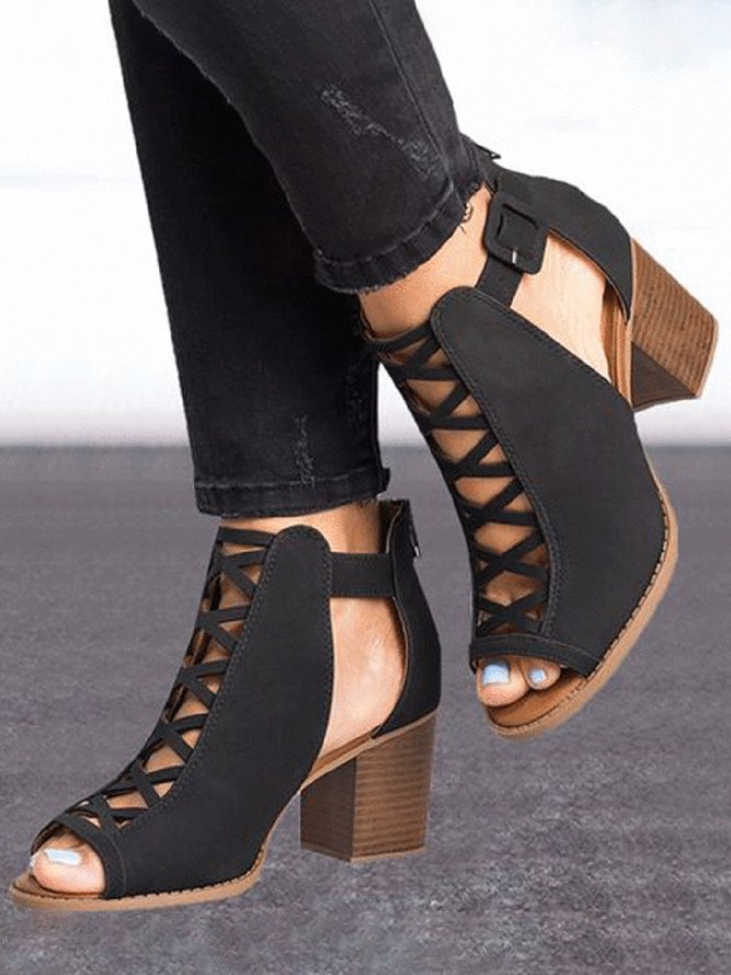 Urban Commuting Simple Hollow Cross Thin Straps Thick-heeled Sandals And Boots