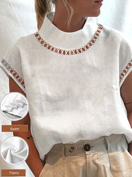 Women's Plain Hollow Out Tops Casual Turtleneck Linen Breathable T-Shirt