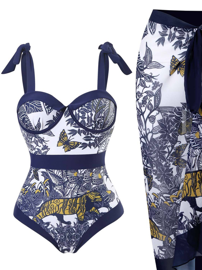 Sexy Plants Printing Notched One Piece With Cover Up