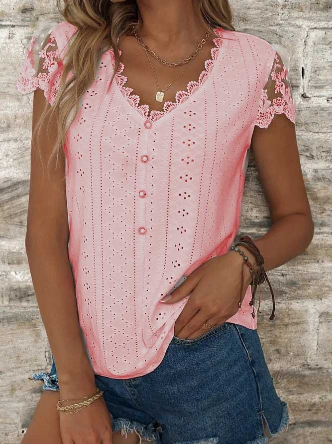 Women's Eyelet Tops Plain Hollow Out Tops Casual V Neck Linen Lace Breathable T-Shirt Buttoned White Casual T-Shirt