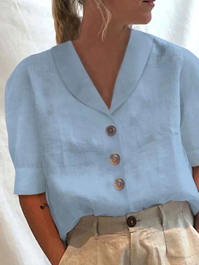 Loose Shawl Collar Buttoned Linen Short Sleeve Blouse