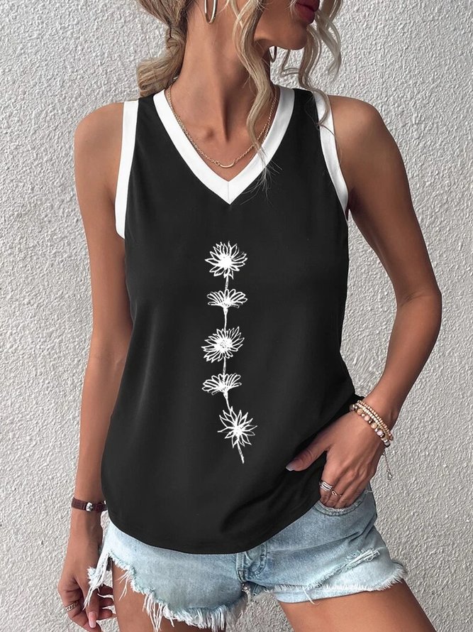 Casual Floral Loose V Neck Color Block Tank Top