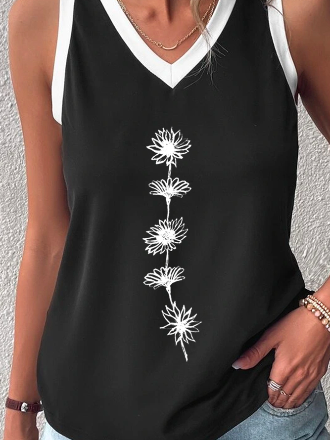 Casual Floral Loose V Neck Color Block Tank Top
