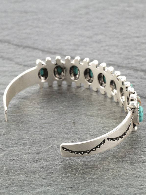 Silver Antique Distressed Inlaid Turquoise Cuff Bracelet Everyday Ethnic Jewelry