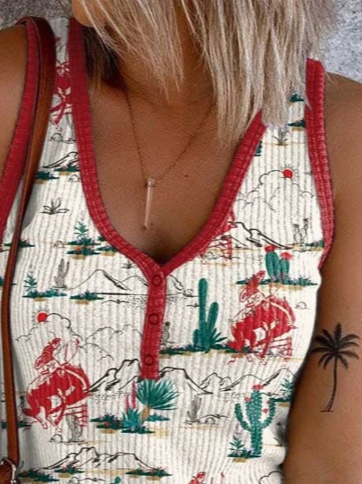 Casual Ethnic Crew Neck Tight Tank Top