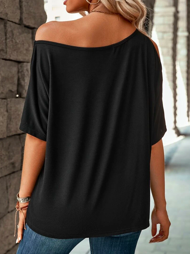 Solid Asymmetrical Neck  Loose Casual T-Shirt