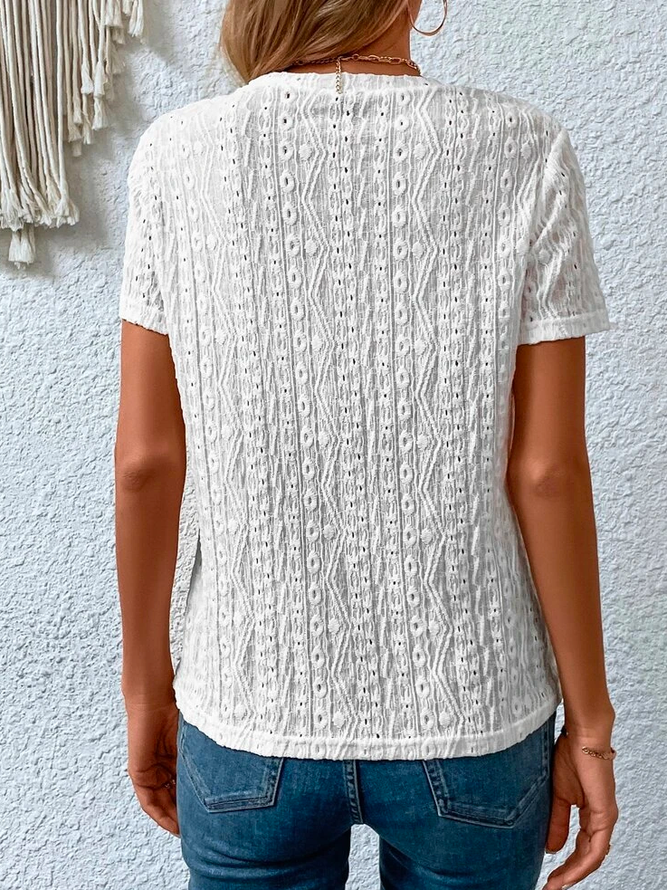 Loose Casual Crew Neck Solid Eyelet Embroidery Round Neck Tee