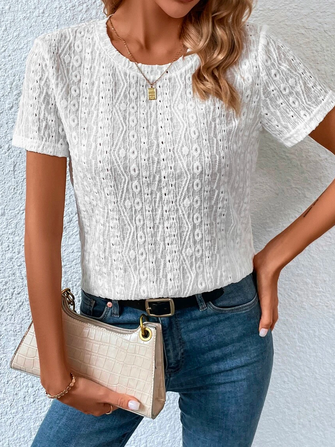 Loose Casual Crew Neck Solid Eyelet Embroidery Round Neck Tee