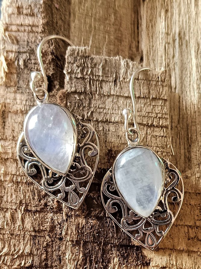 Vintage Natural Moonstone Opal Ethnic Pattern Earrings