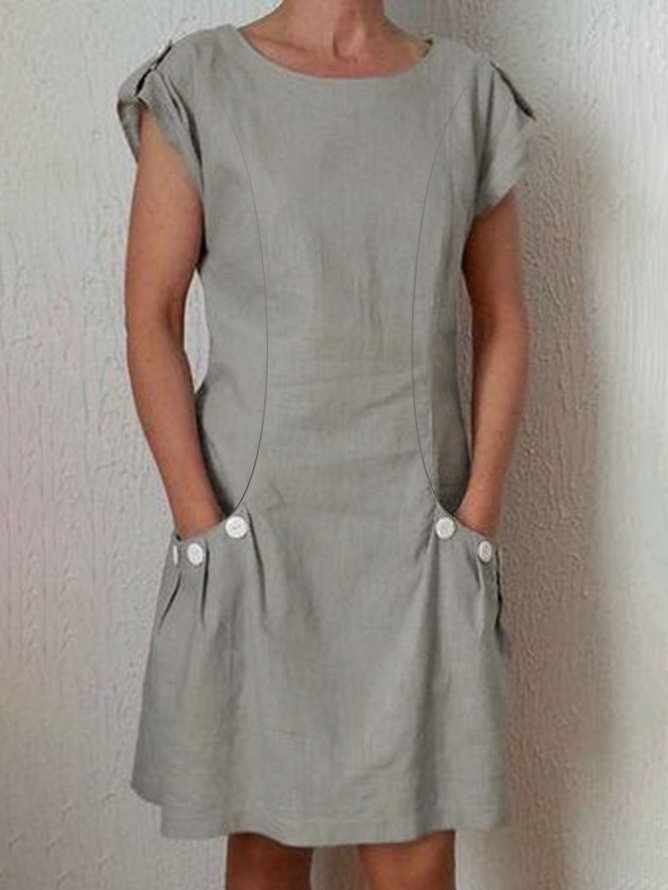 Summer Pockets Buttoned-decor Shift Linen Dresses