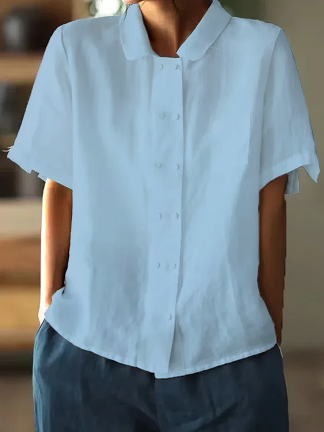 Women's Cotton Linen Baby Collar Double Breasted Short Sleeve shirt