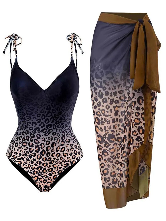Printing Leopard V Neck Casual One Piece With Cover Up