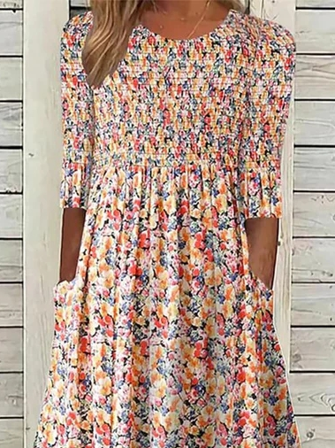 Floral Casual Crew Neck Regular Fit Dress