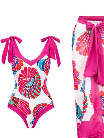 Vacation Floral Printing V Neck One Piece With Cover Up