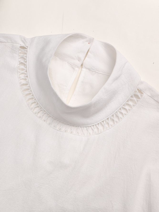 Women's Plain Hollow Out Tops Casual Turtleneck Linen Breathable T-Shirt