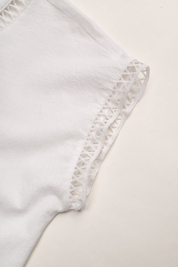 Women's Plain Hollow Out Tops Casual Turtleneck Linen Breathable T-Shirt