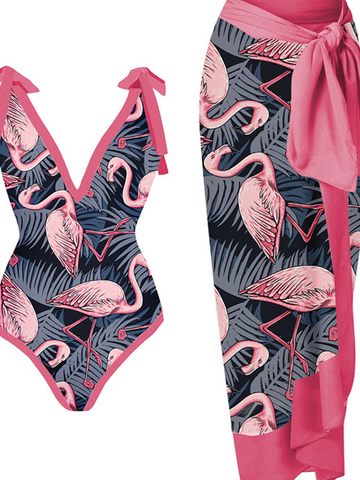 Vacation Animal Printing V Neck One Piece With Cover Up