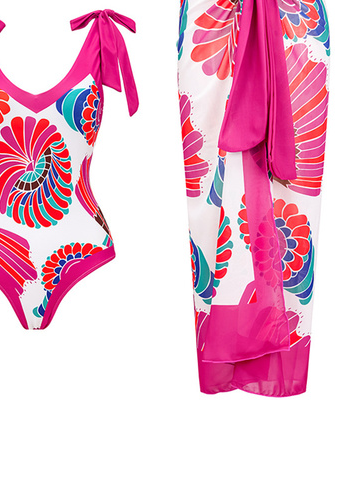 Vacation Floral Printing V Neck One Piece With Cover Up