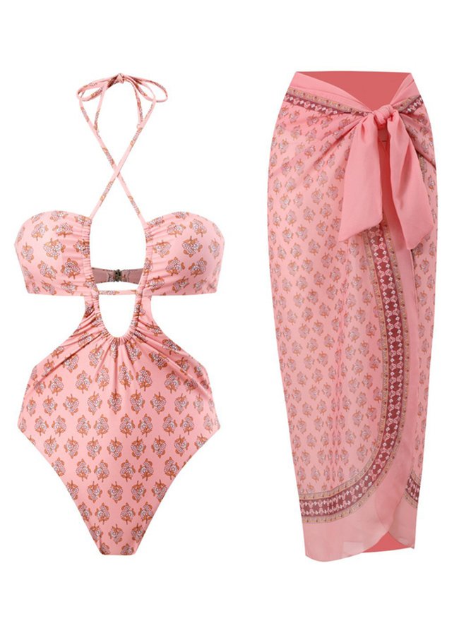 Elegant Plants Printing Strapless One Piece With Cover Up