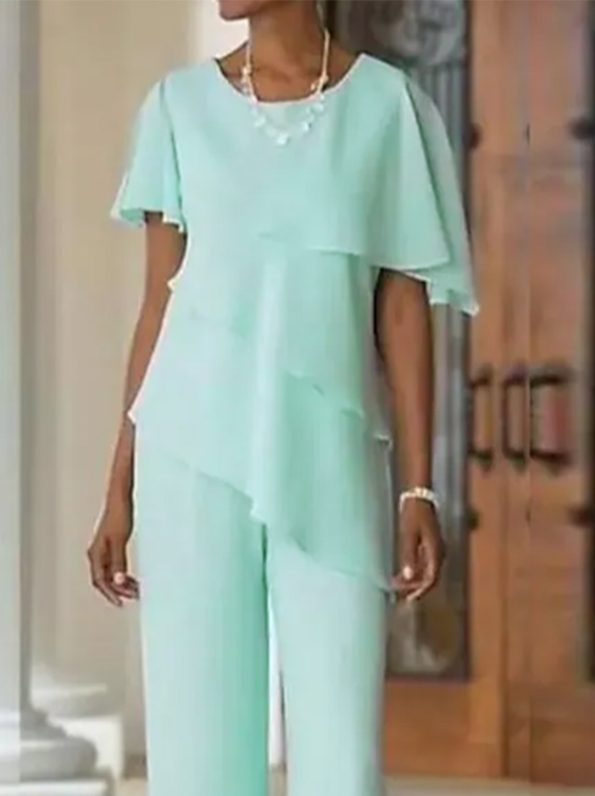 Crew Neck Elegant Plain Two-Piece Set
